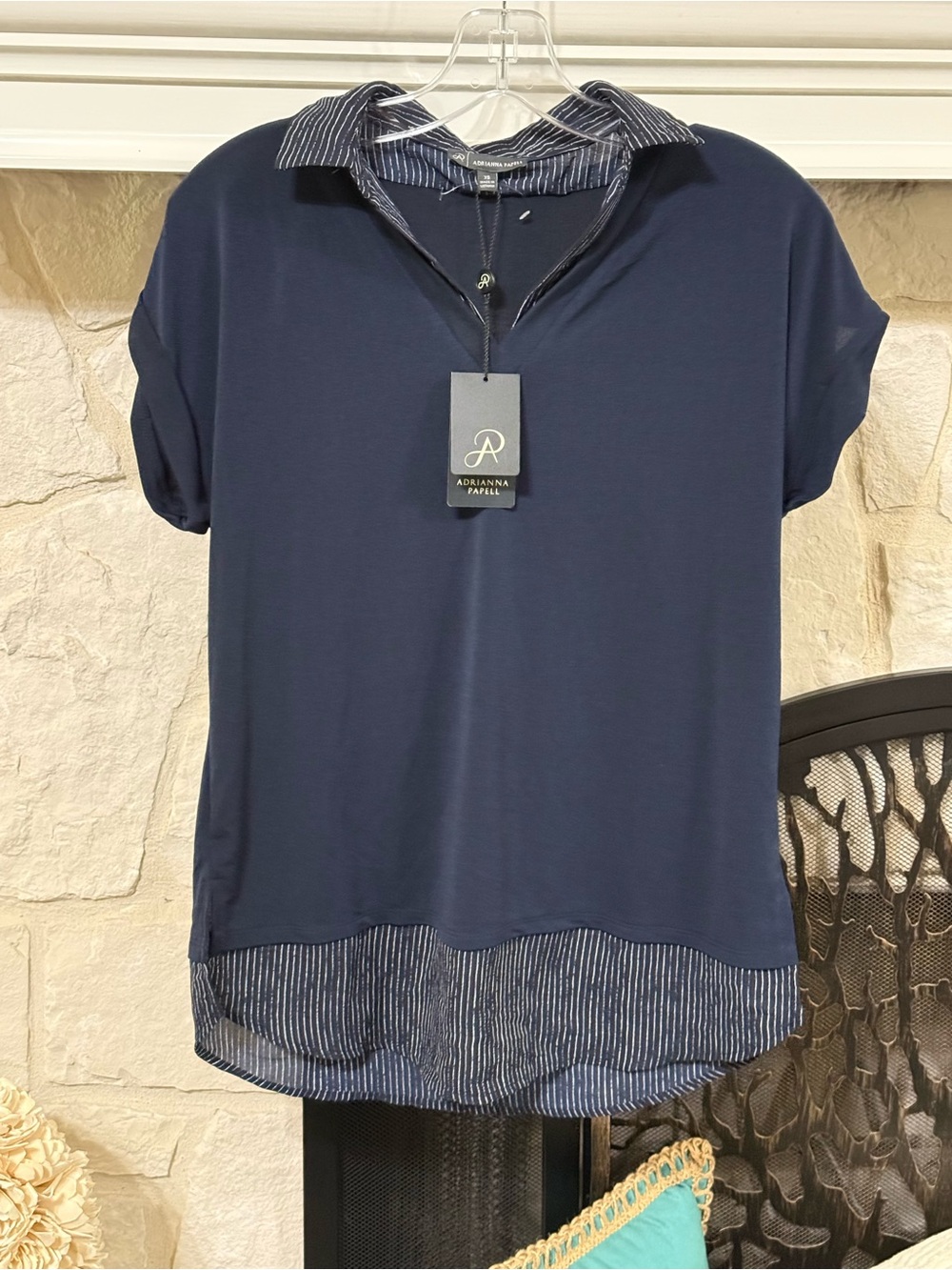 Adrianna Papell Navy Short-Sleeve Layered-Look Top